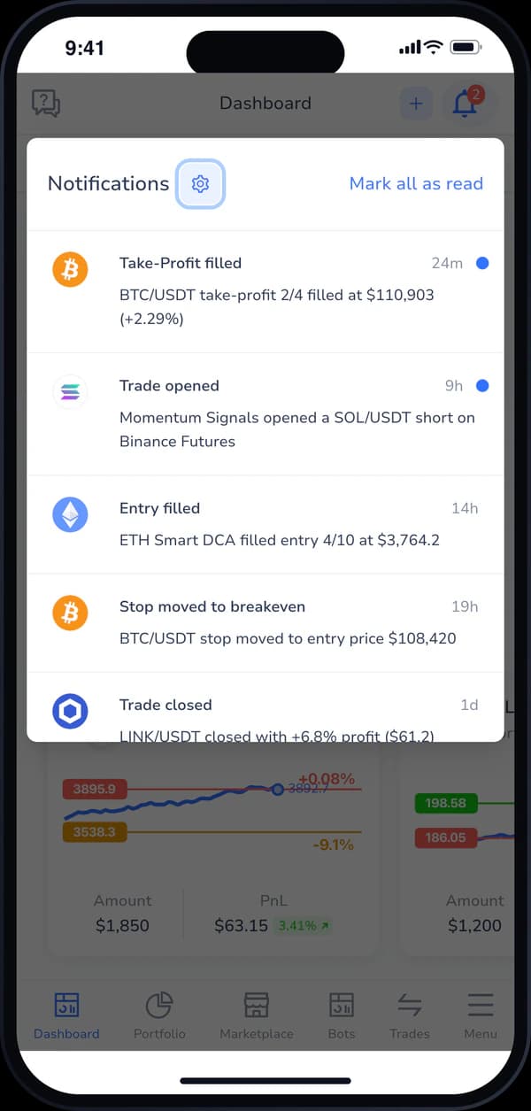 Cornix mobile app notifications for filled entries and take profits