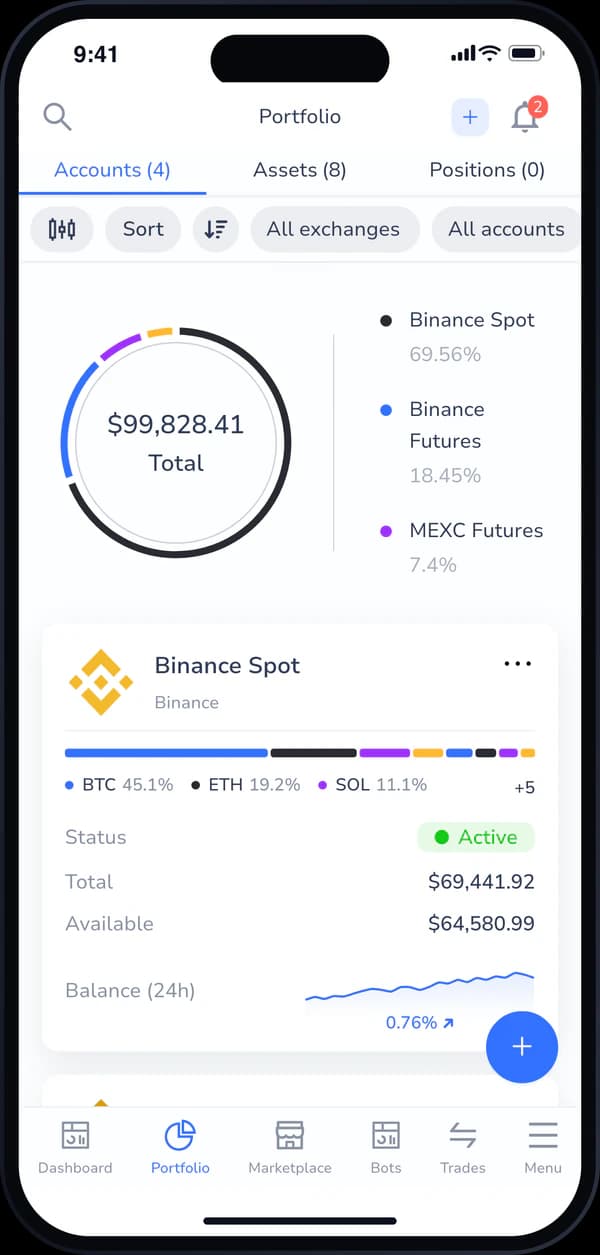 Cornix mobile app portfolio screen with total balance by account