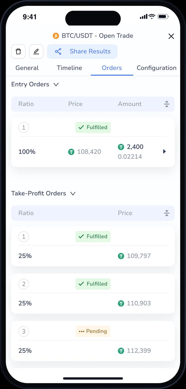 Cornix mobile app trade orders with multiple entries and take-profit targets