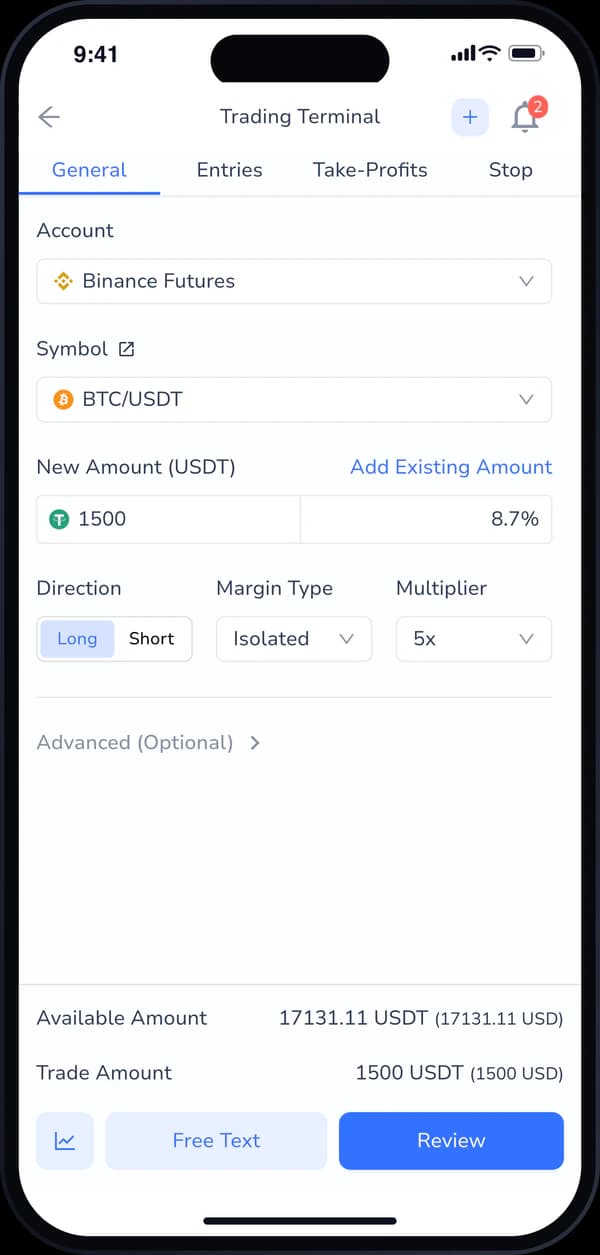Cornix mobile trading terminal order form