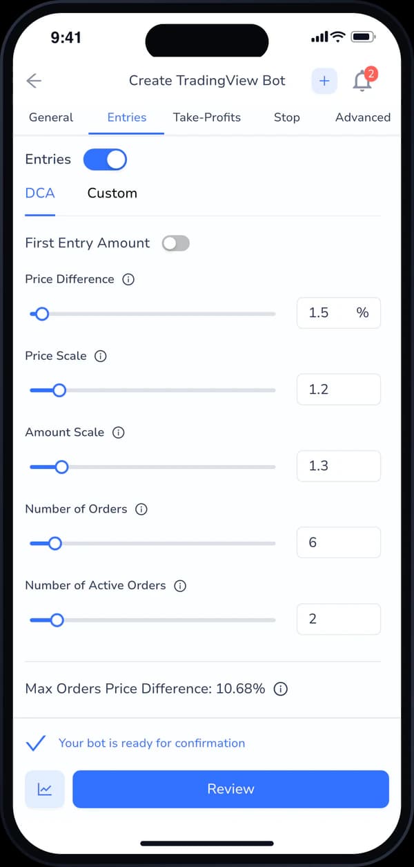 Cornix mobile app TradingView bot entry settings