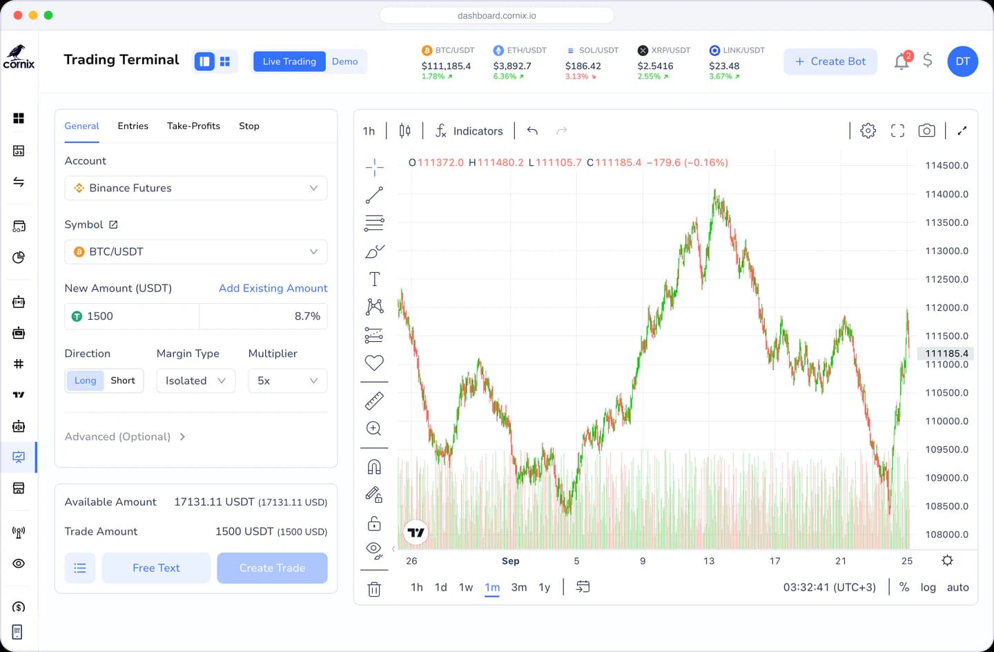Cornix trading terminal with order form and price chart