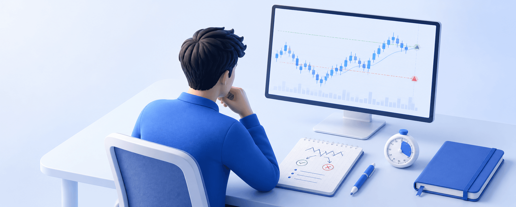 Crypto day trader reviewing a risk plan beside a single market chart.