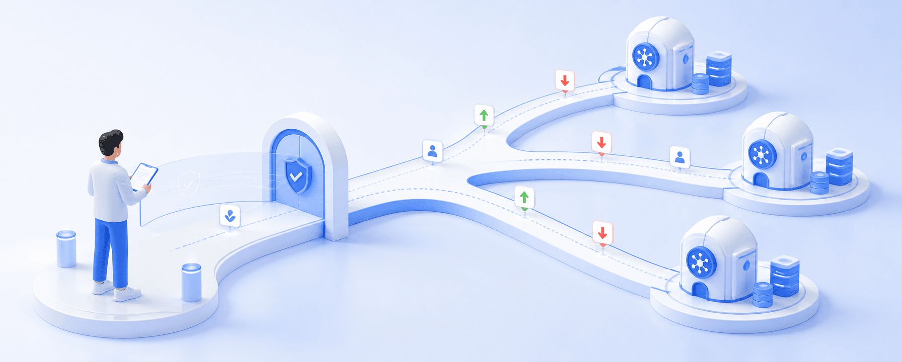 Abstract visual of one manager coordinating several separate client crypto account connections through controlled access paths.