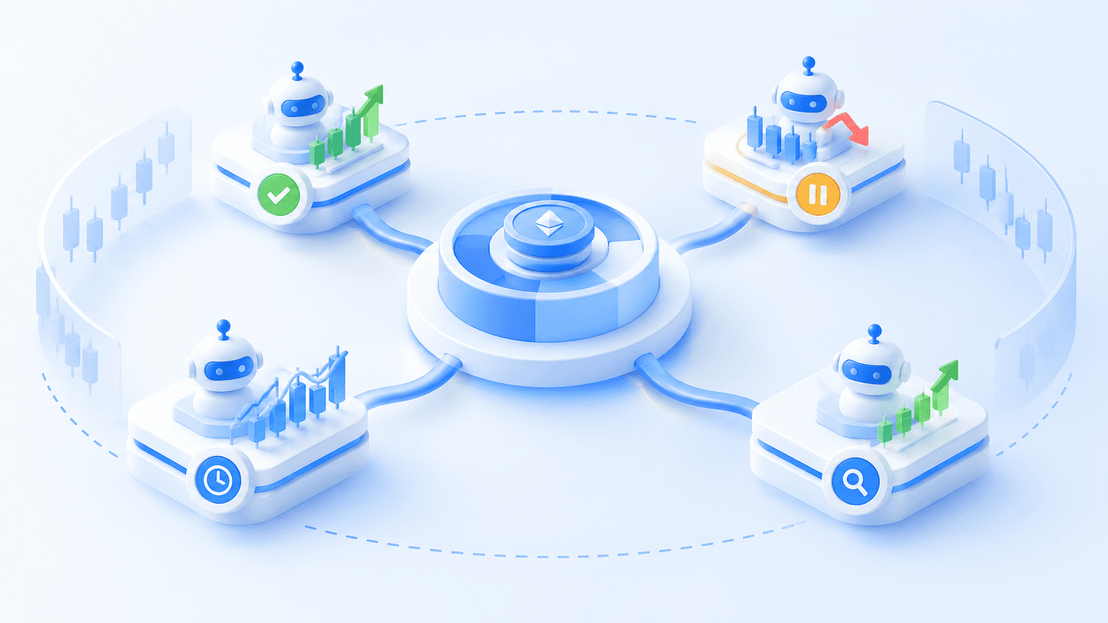 Trader reviewing a balanced crypto portfolio alongside controlled automated trading strategies.