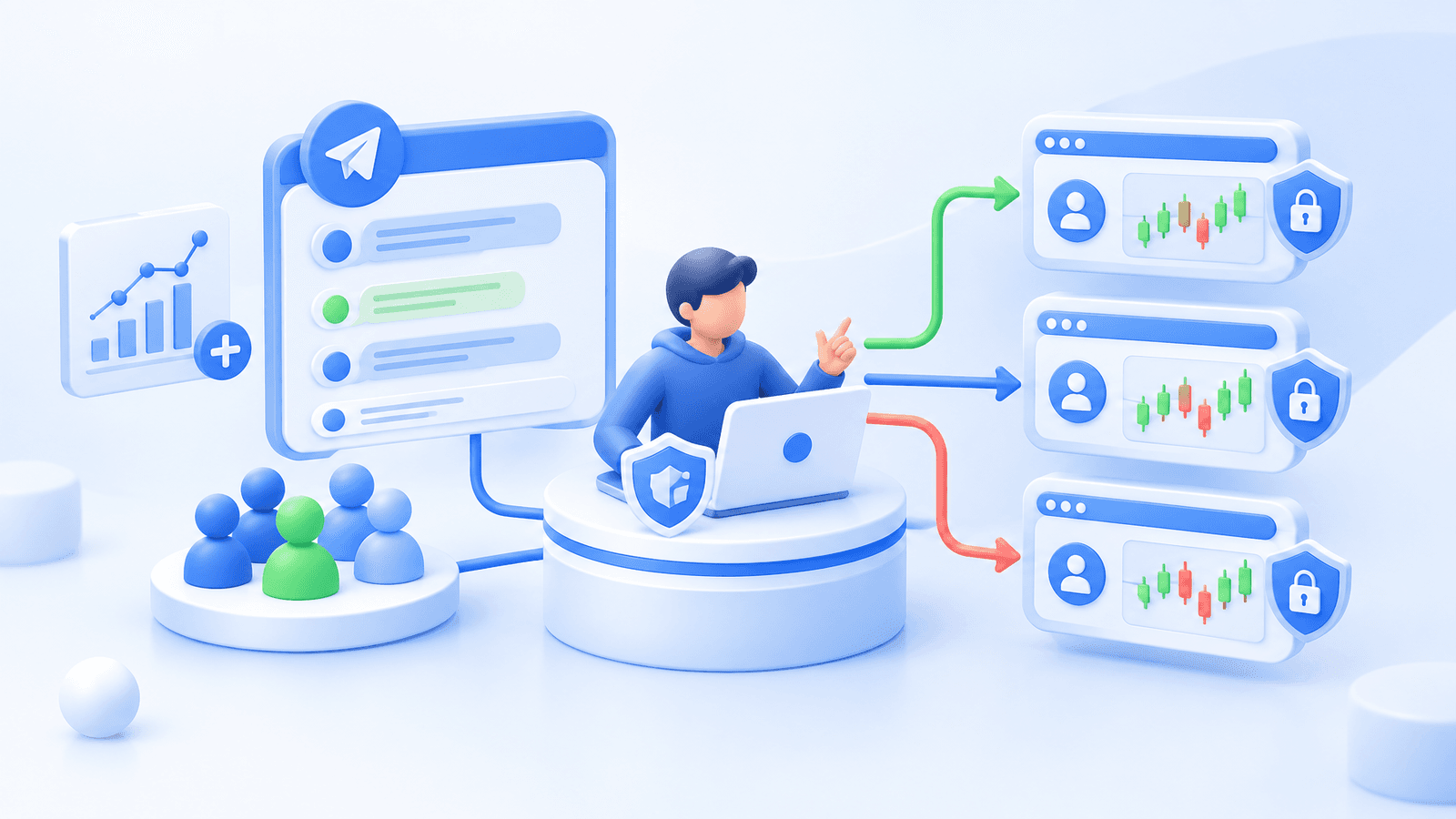 Administrator organizing signal distribution, member access, and account permissions for a Telegram trading community.