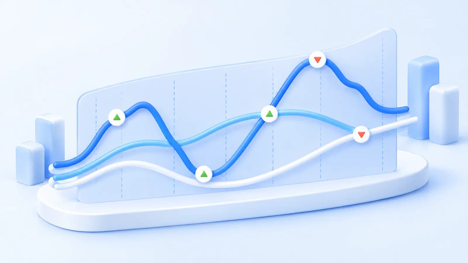 Three smooth colored curves follow an uneven path across a dark blue background.