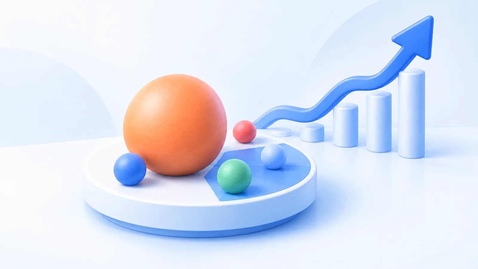 An orange sphere and smaller colored spheres sit on a circular platform beside a rising sculptural curve.