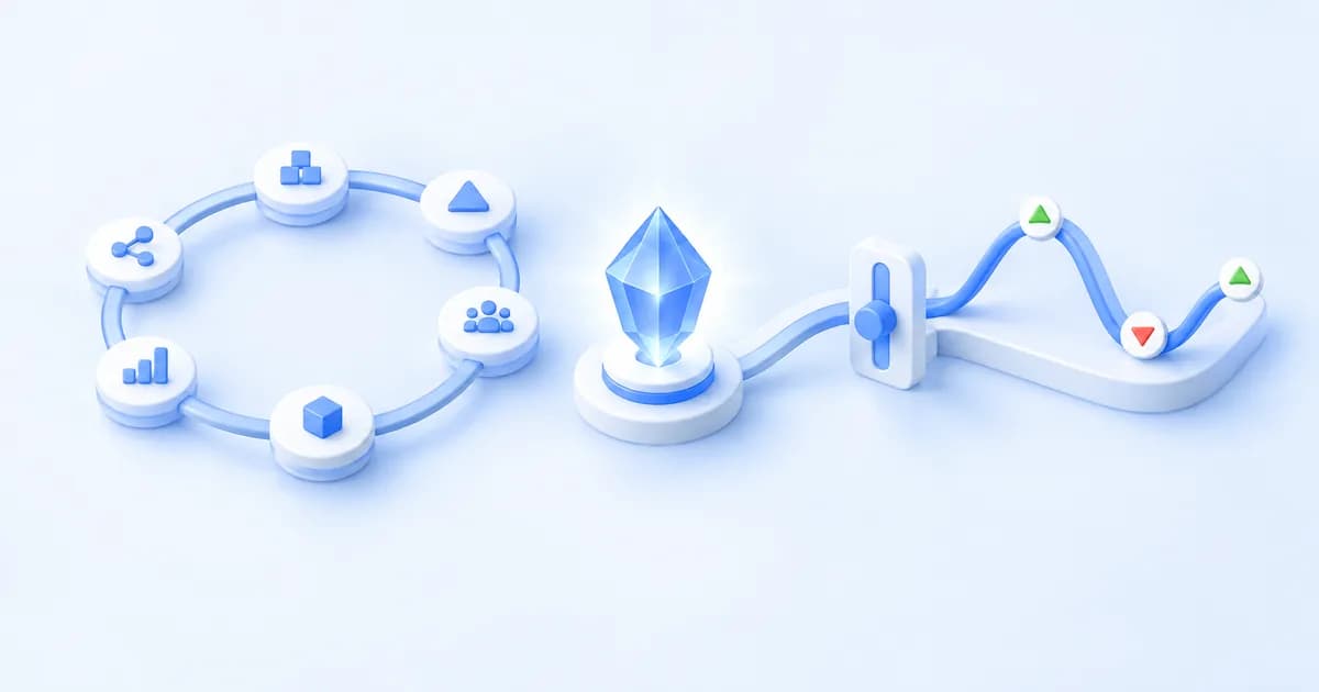 A crystalline network connects through a narrow gate to a curved path.