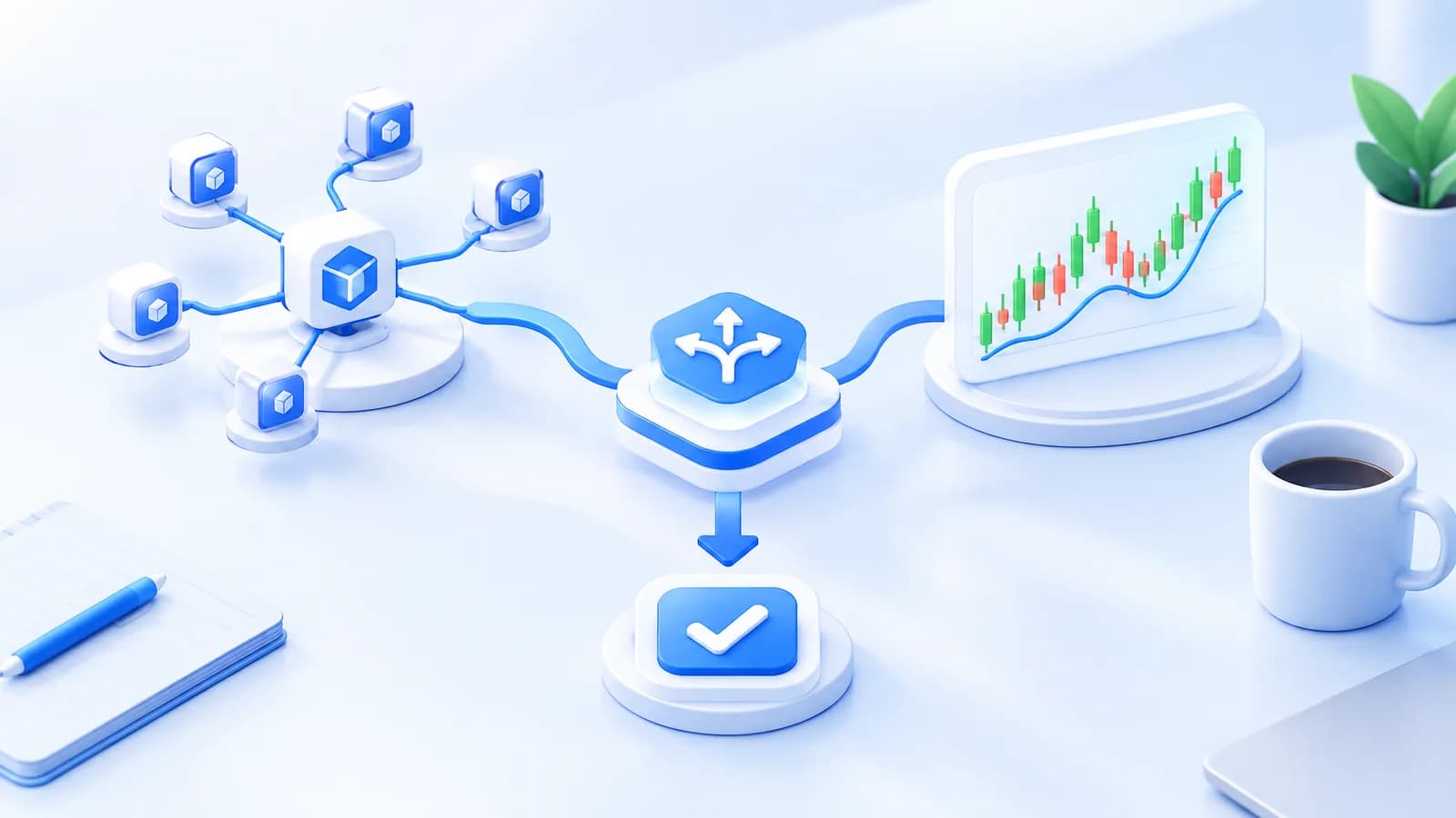 Crypto analysis desk with a blockchain model and an abstract price chart.