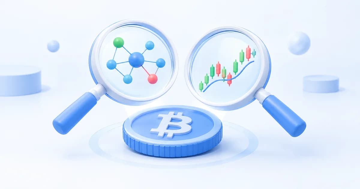 Crypto analysis desk with a blockchain model and an abstract price chart.