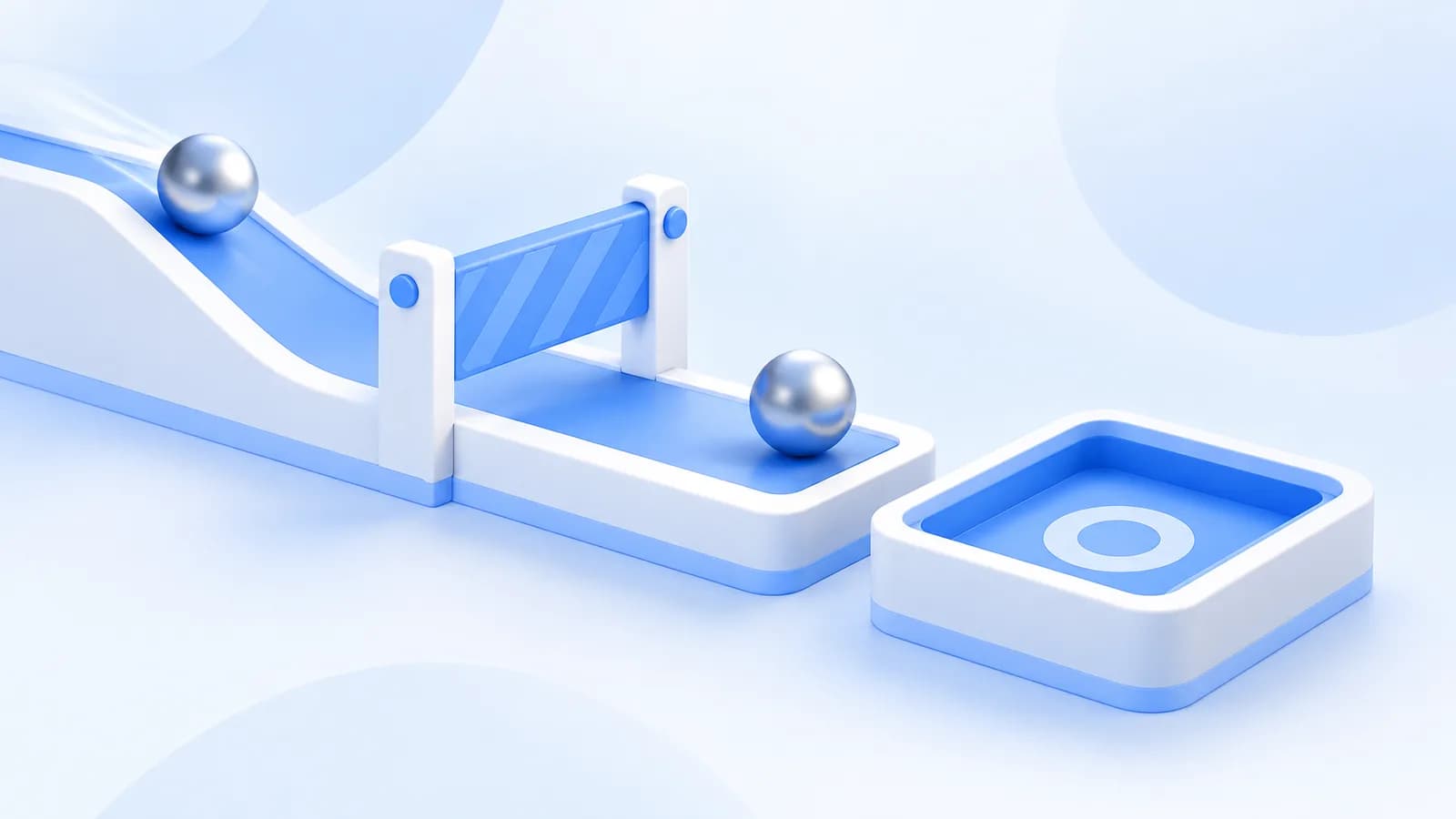 A metallic ball passes a gate beside a separate catching tray.