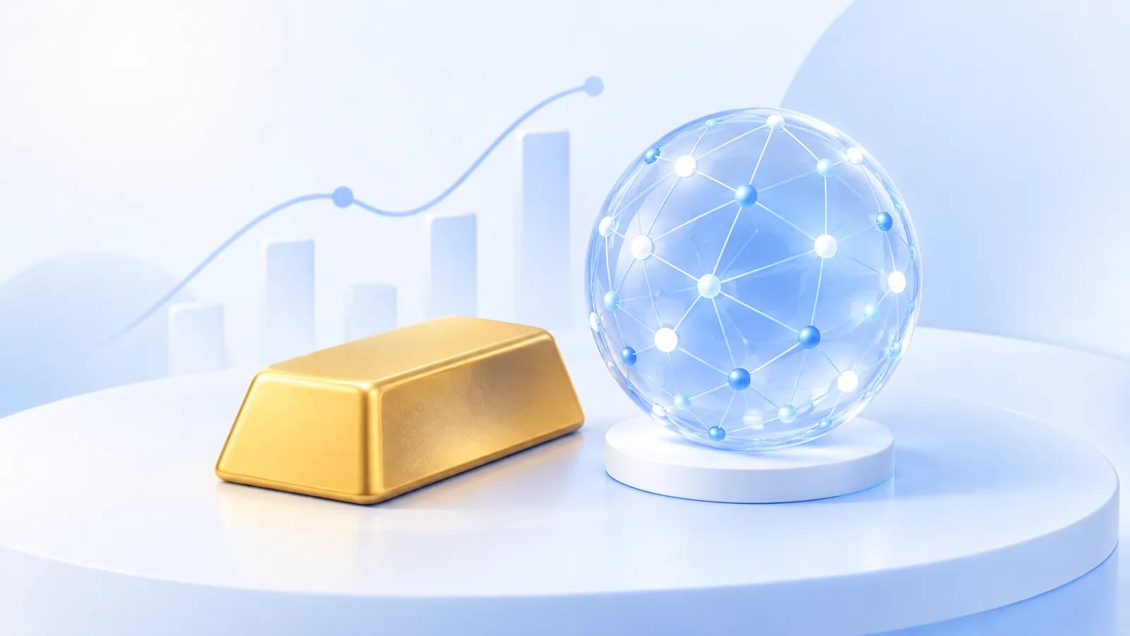 A gold bar beside a translucent sphere with luminous connections.