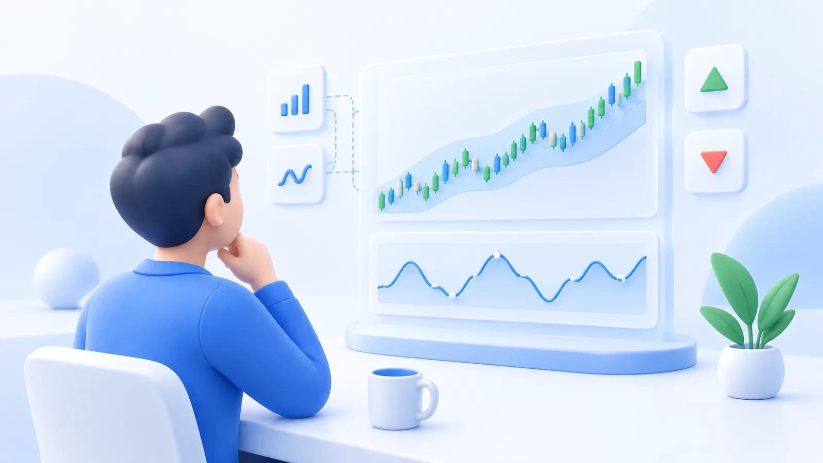A trader looking at abstract price curves and translucent bands.