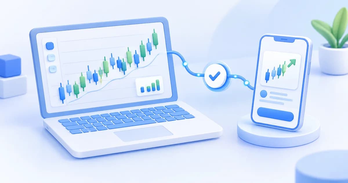 TradingView Telegram integration illustrated by a chart connected through a routing hub to phone signal cards.