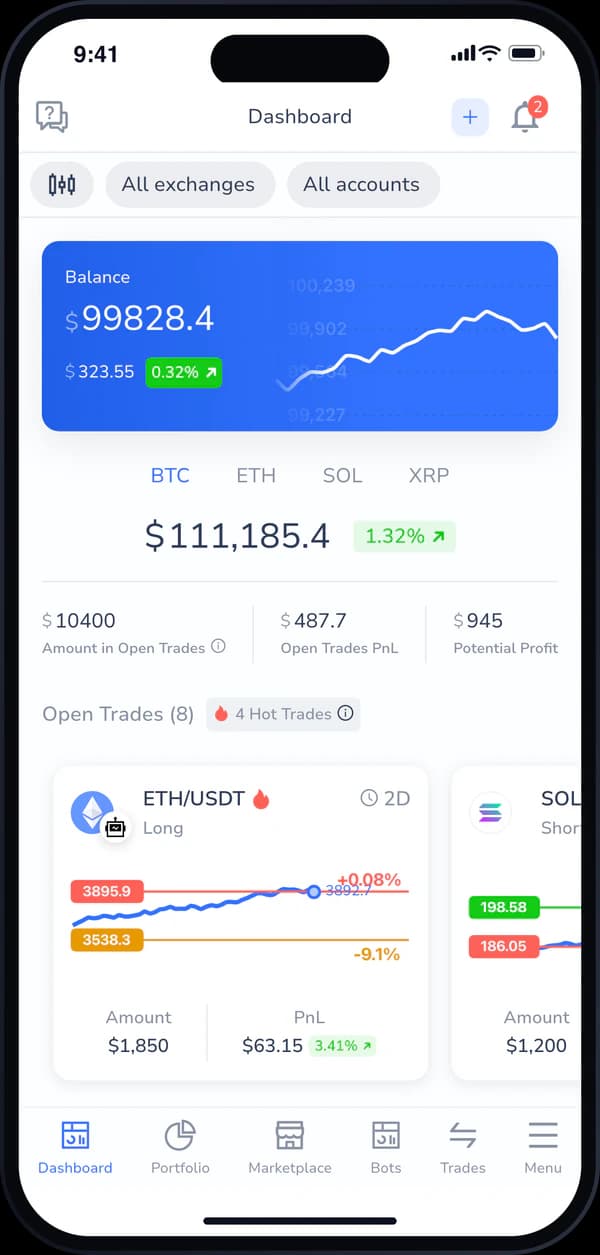 Cornix mobile app dashboard with balance, open trades and market sentiment