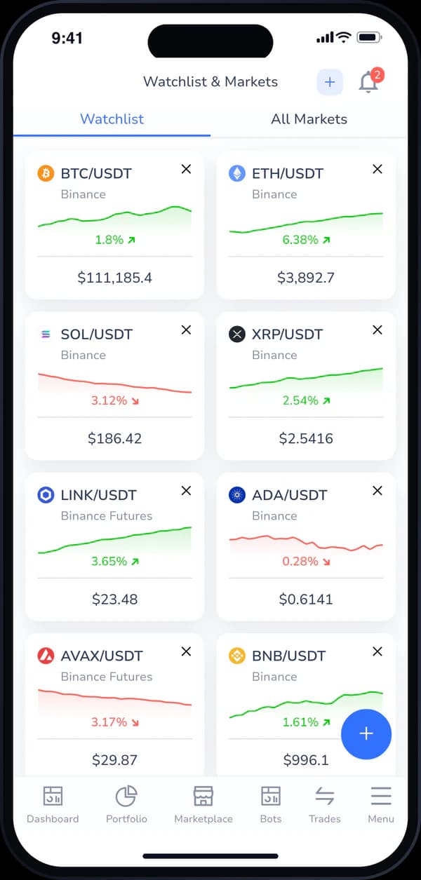 Cornix mobile app watchlist and markets screen