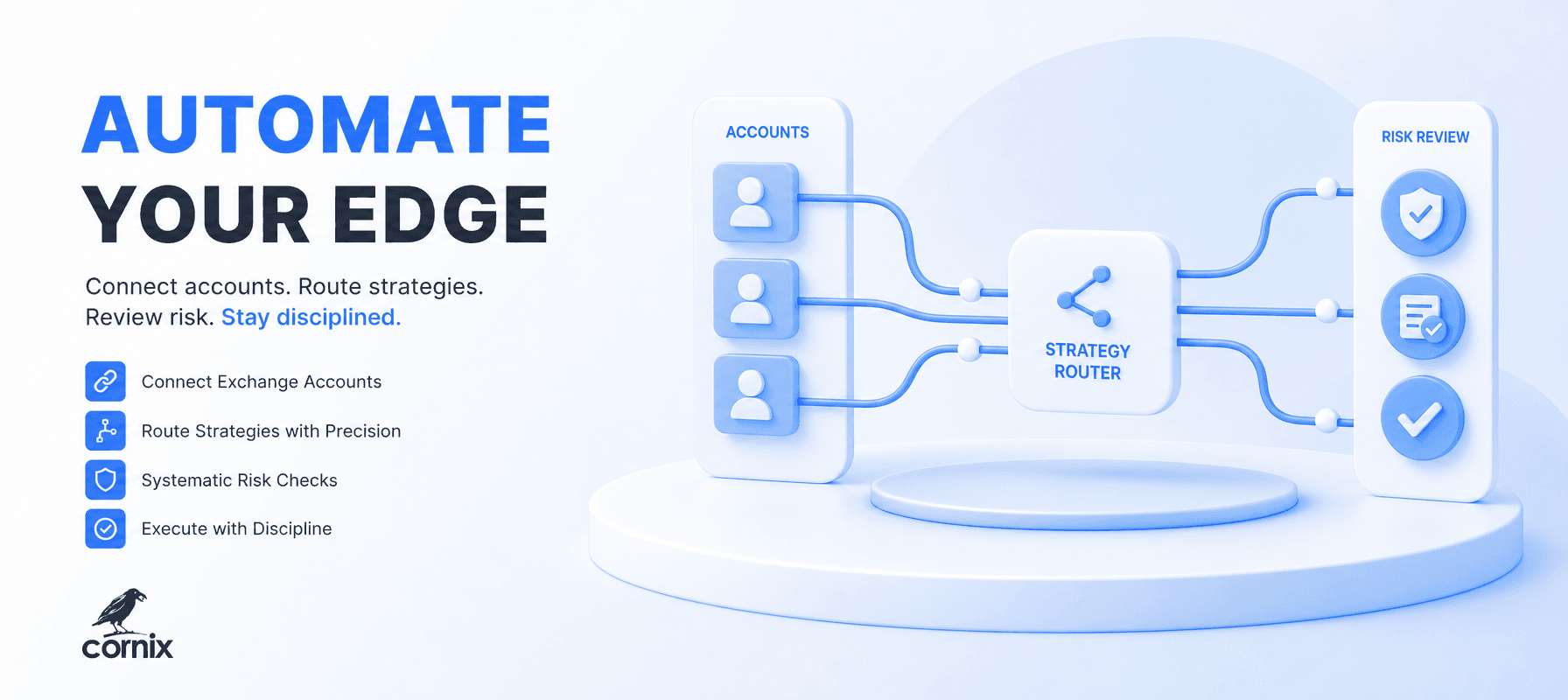 Crypto asset manager dashboard concept showing multiple trading accounts connected to automated strategy workflows