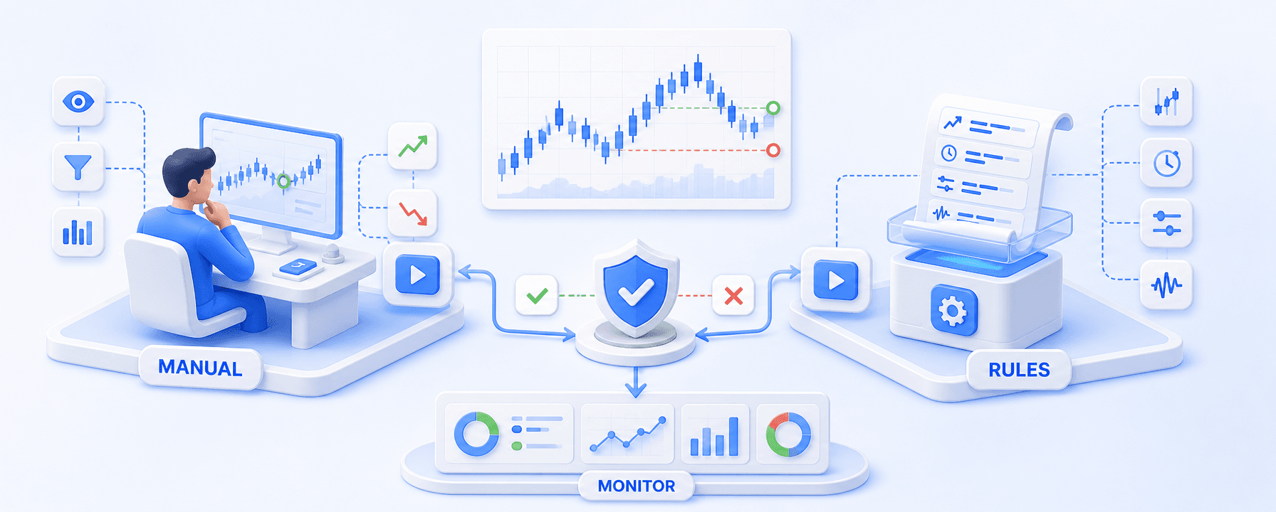 Manual and automated crypto trading workflows compared through rules, execution, risk controls, and monitoring