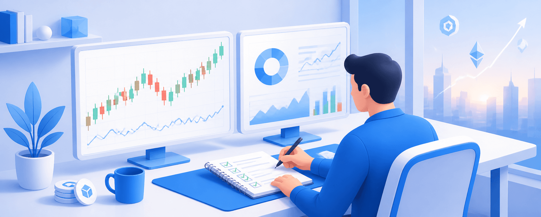 Trader testing a crypto trading plan with a simulated chart and written risk rules.