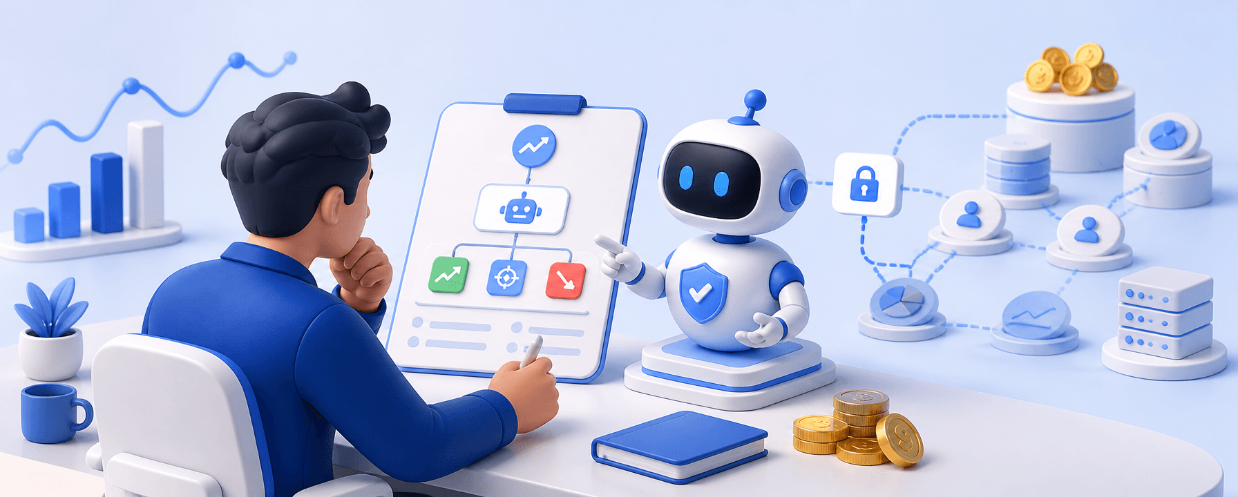 Trader reviewing an AI-prepared crypto automation configuration behind a permission boundary.