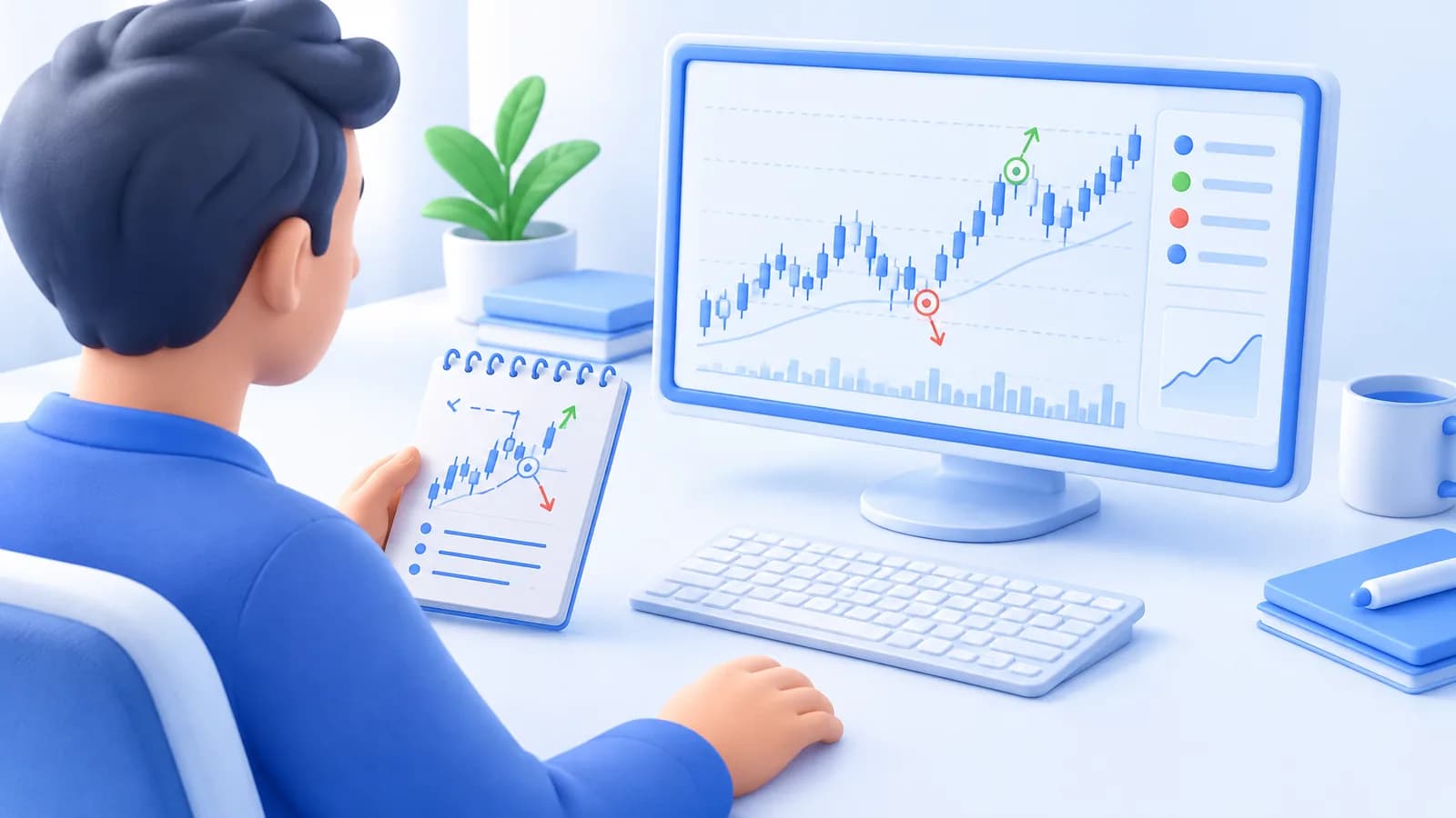 A trader compares notebook marks with a chart on a monitor.