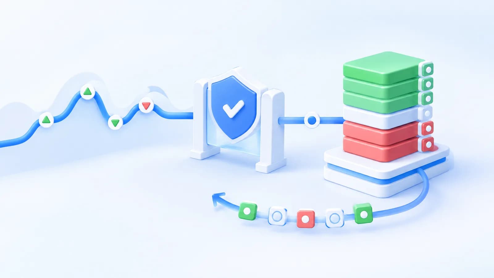 A chart pulse passes through a gate to stacked blocks, with tokens returning along another path.