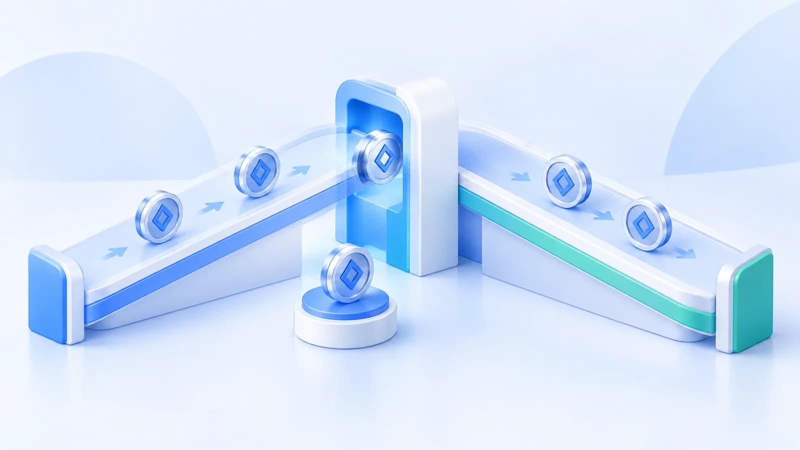 Metallic tokens arranged on opposed ramps around a narrow opening.