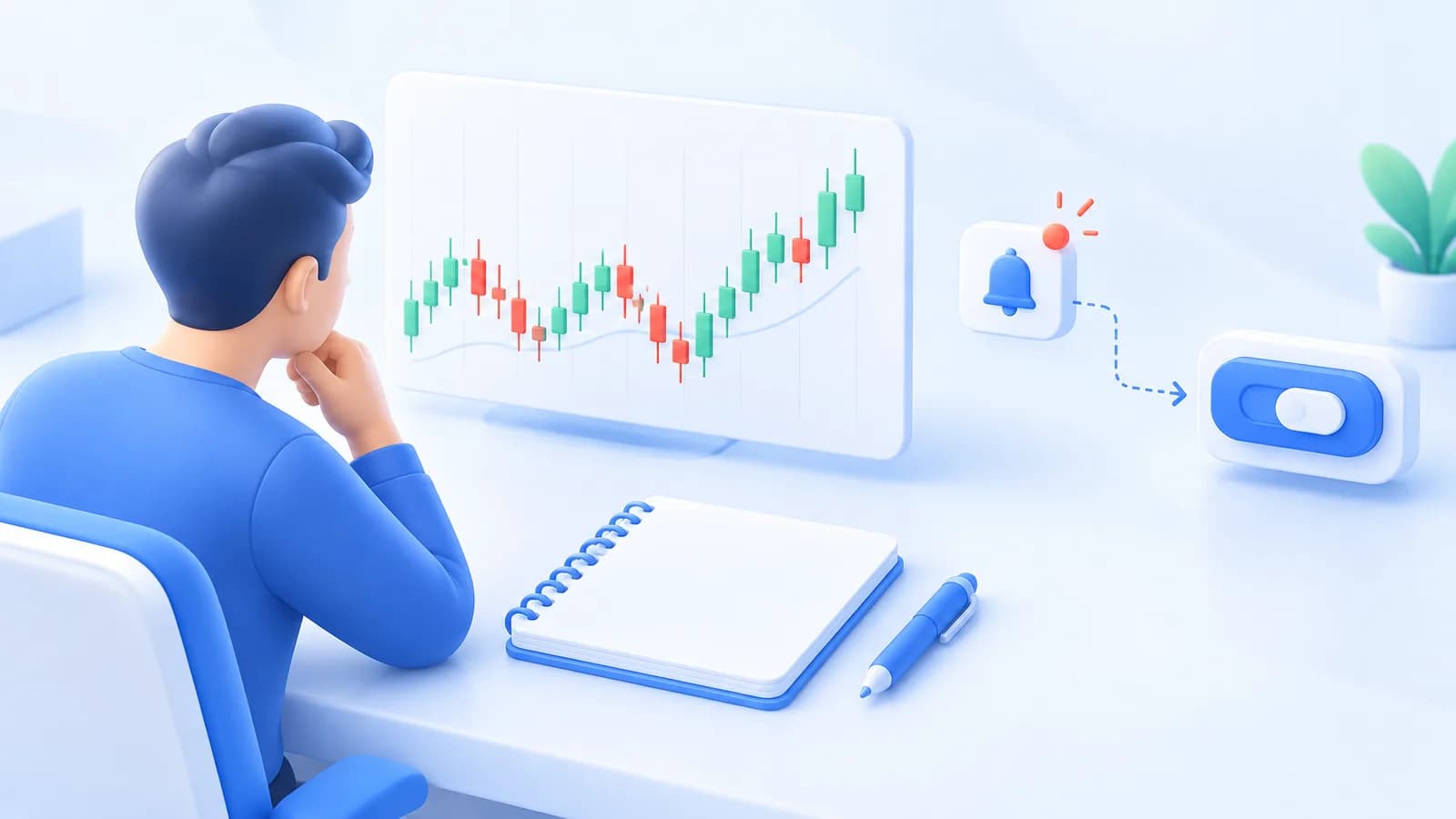 A trader studies an abstract candlestick chart beside an open notebook and a notification light.