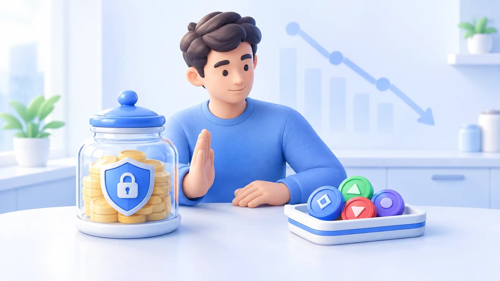 A person separates a glass savings jar from a tray of tokens at a kitchen table.