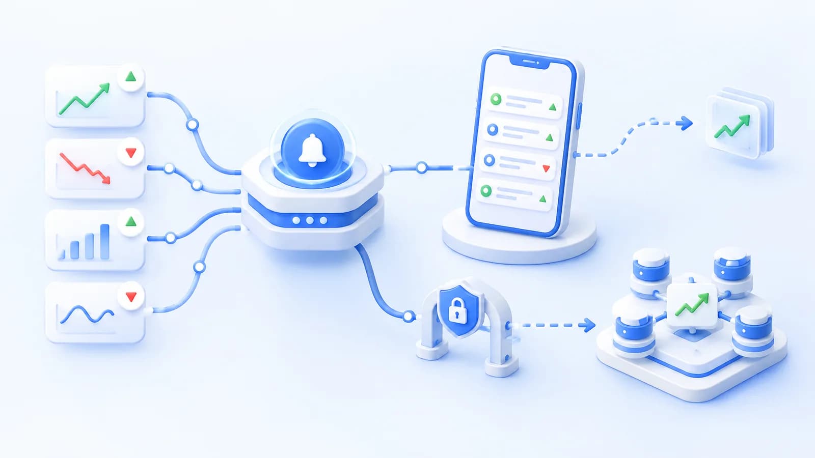 TradingView Telegram integration illustrated by a chart connected through a routing hub to phone signal cards.