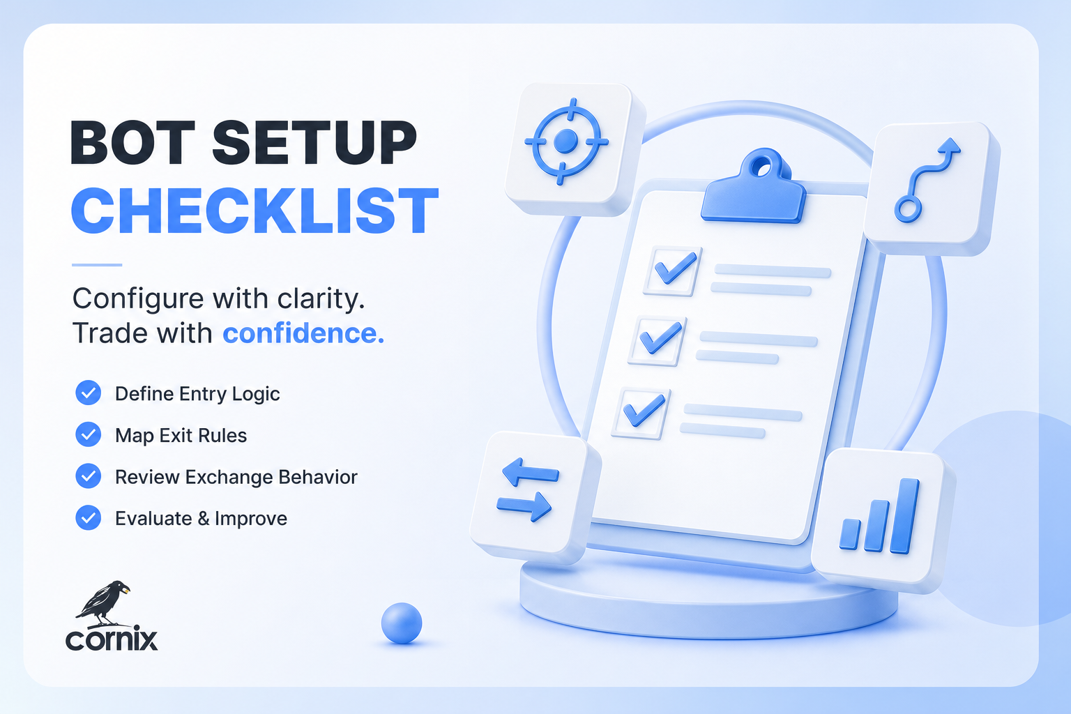 Checklist illustration for reviewing crypto bot entry logic, exit rules, exchange behavior, and post-trade results