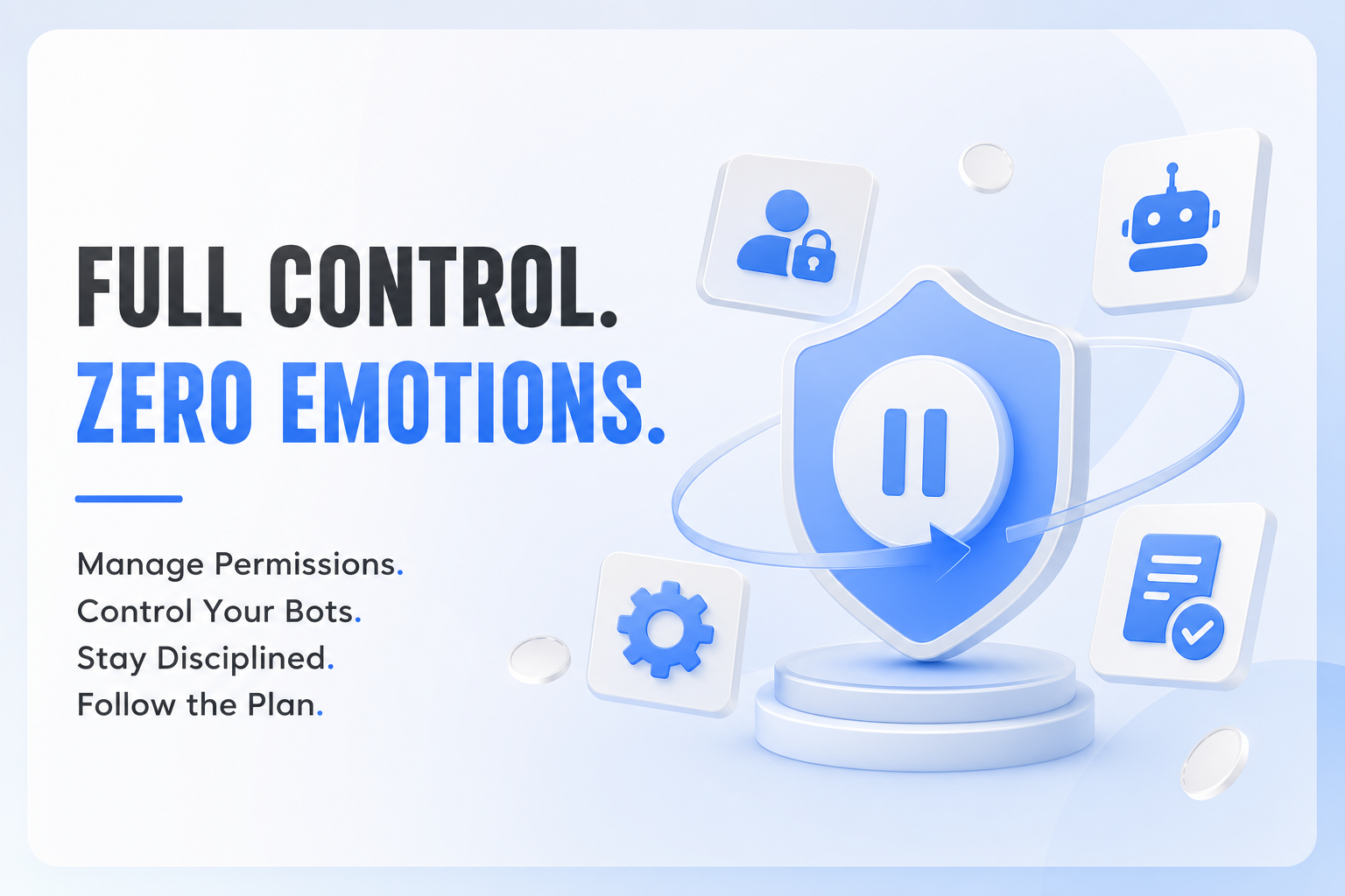 Conceptual illustration of crypto bot permissions, account control, pause capability, and review logs