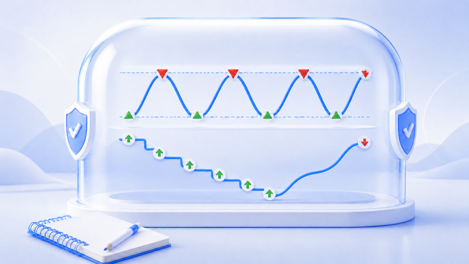 Grid buy and sell cycles above staged DCA entries on a decline and an exit after recovery.