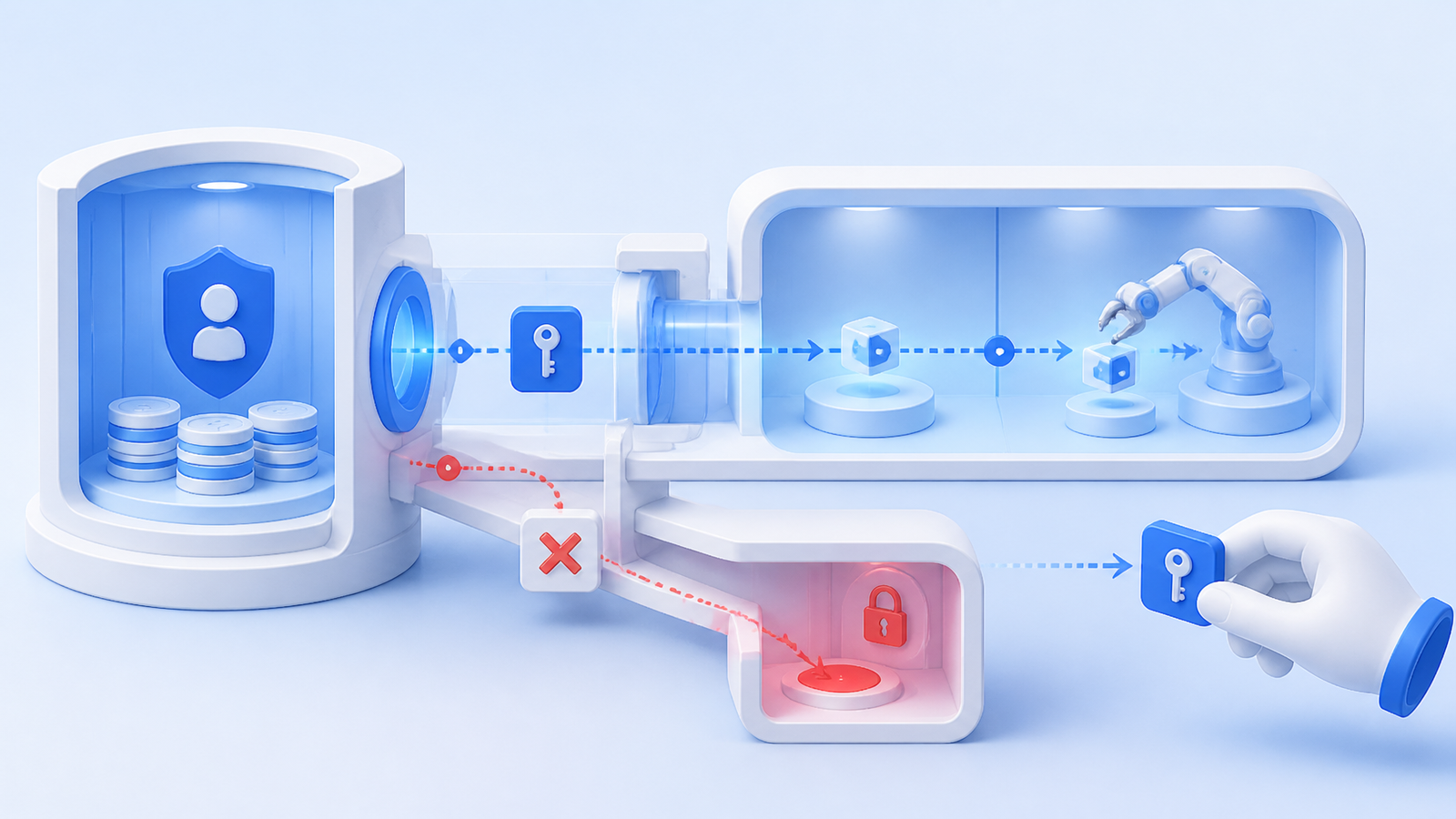 Abstract diagram showing client-owned exchange access, scoped trading permissions, disabled withdrawal access, and revocable API connectivity.