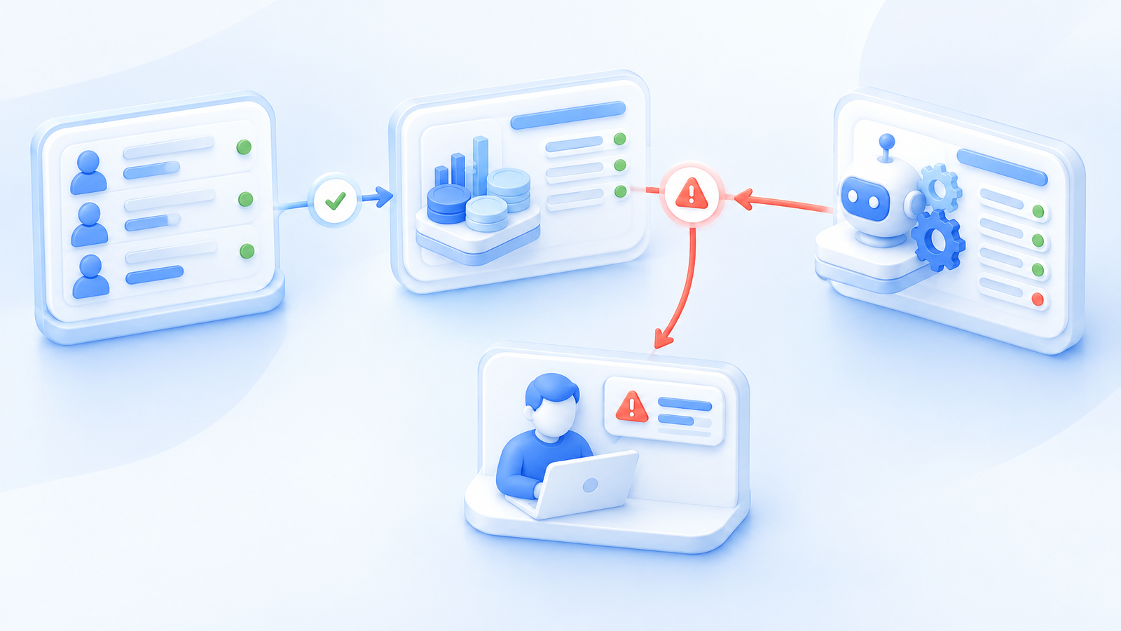 Abstract view of accounts, positions, trades, and bots connected for trading oversight.