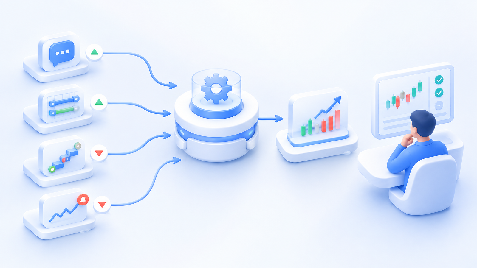 Four crypto trading automation inputs connected to supervised execution.