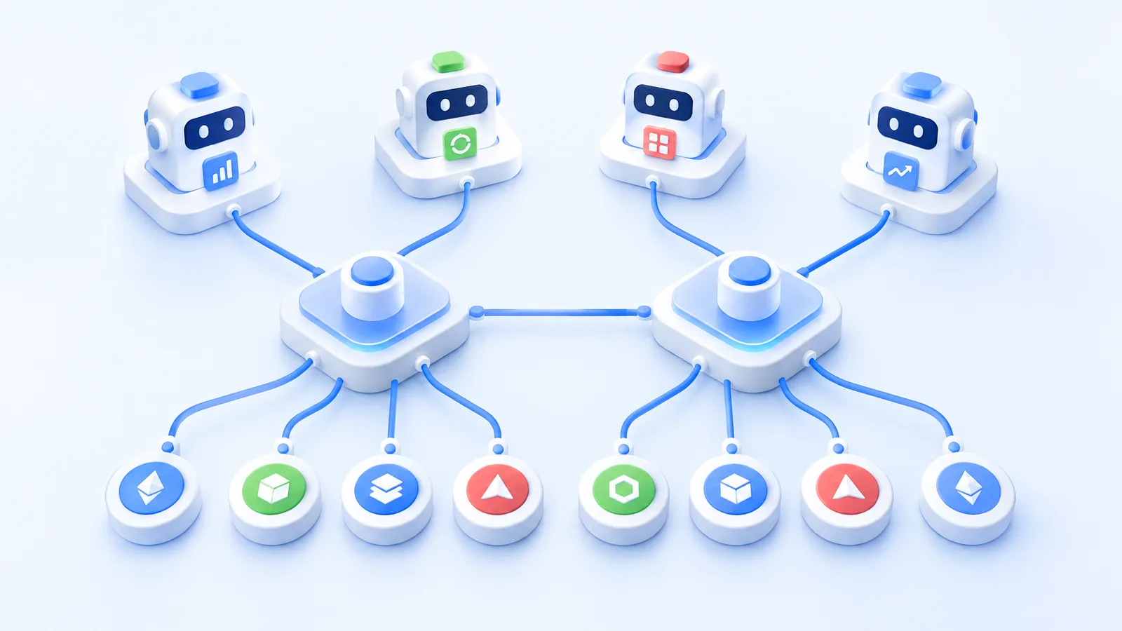 Crypto trading bots linked to connection hubs beside separate trade tokens