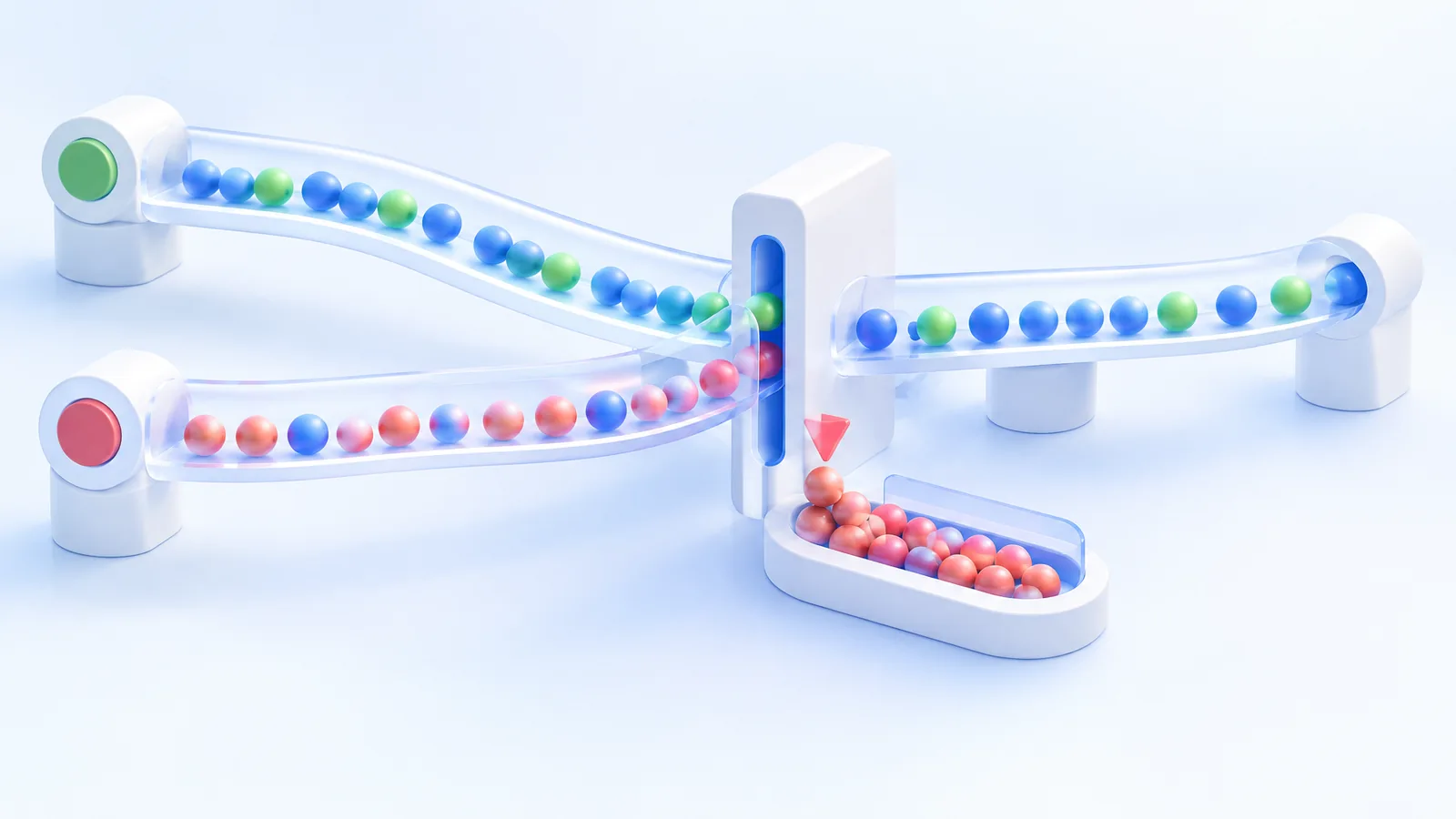 Small spheres pass through a narrow opening while others wait behind it.