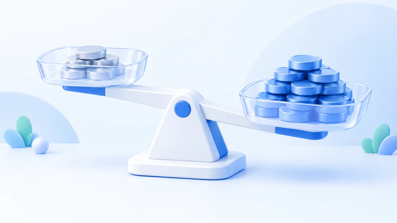 Small and large piles of tokens in transparent trays on opposite sides of a lever.