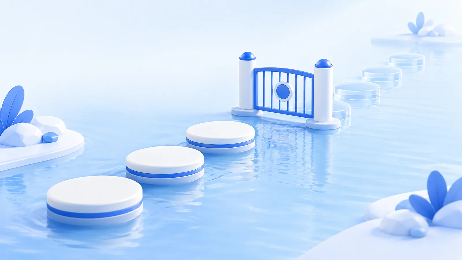 Solid and translucent stepping stones cross water with a gate between them.