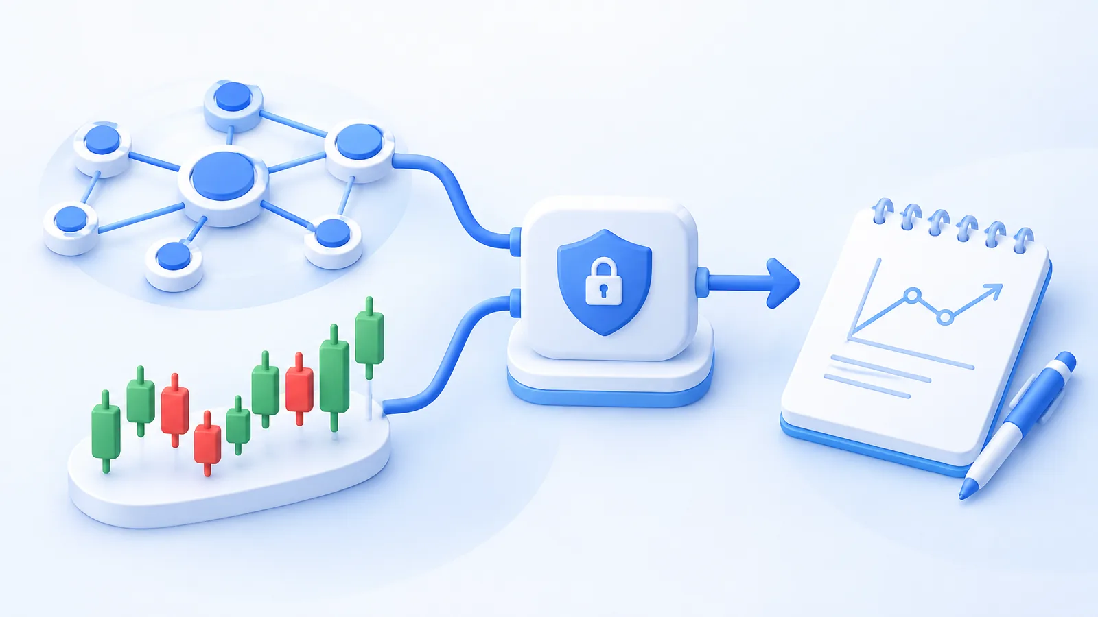 Crypto analysis illustration with network nodes and candlesticks approaching a gate.