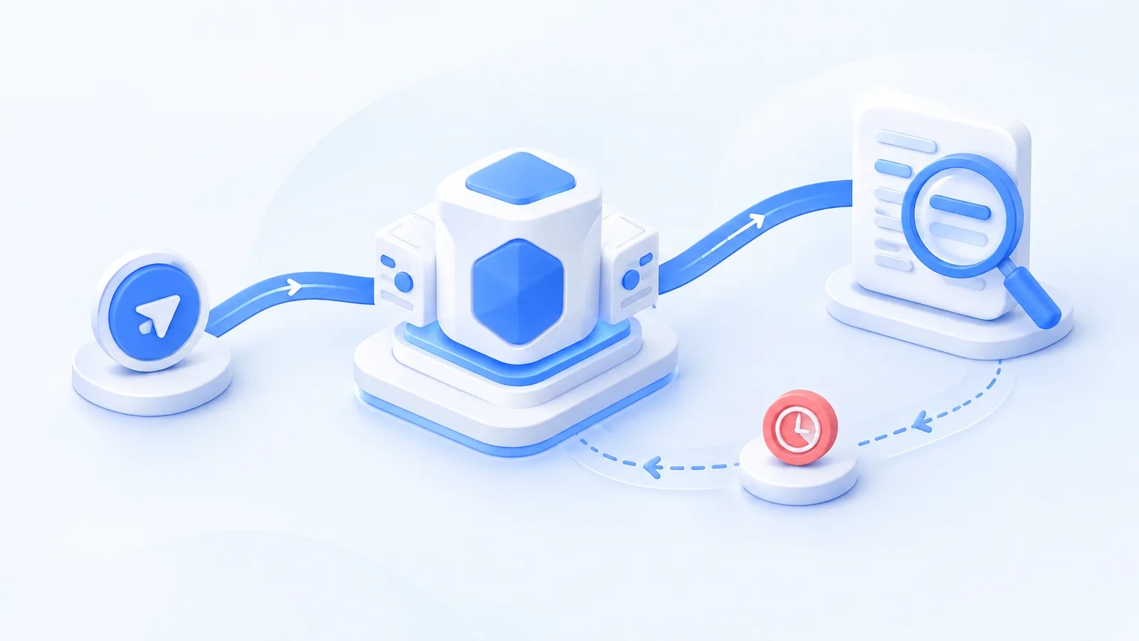 A magnifying glass examines an order record beside a hub while a reply token pauses on a return path.