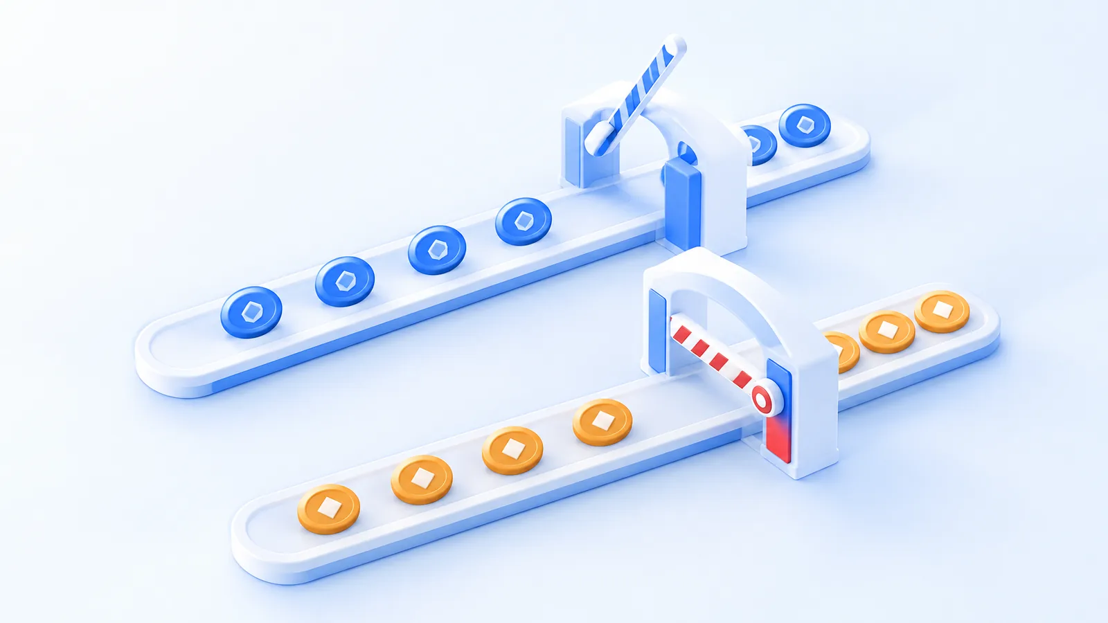 Tokens on parallel tracks with one open gate and one closed gate.