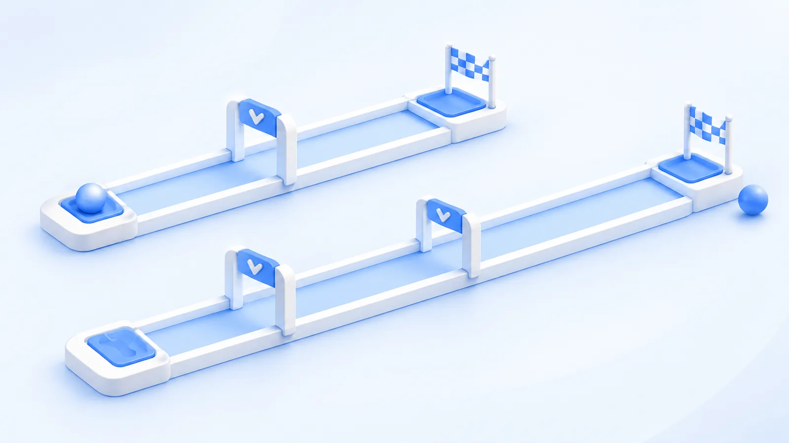 Two tracks have gates and catching trays at different distances.