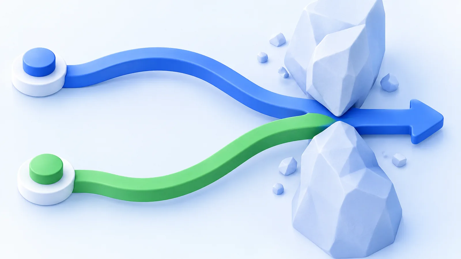 Two ribbons follow separate paths before converging through a rocky passage.