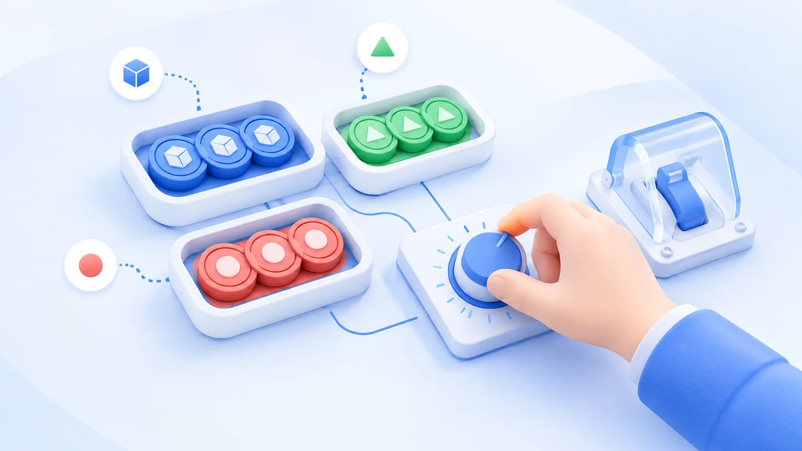 A hand adjusts a dial beside coin-shaped discs and a covered switch.