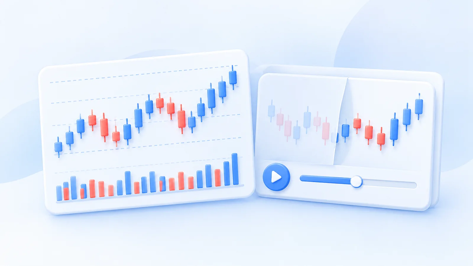 Two abstract charts show a horizontal volume histogram and a partly concealed candle sequence beside a playback control.