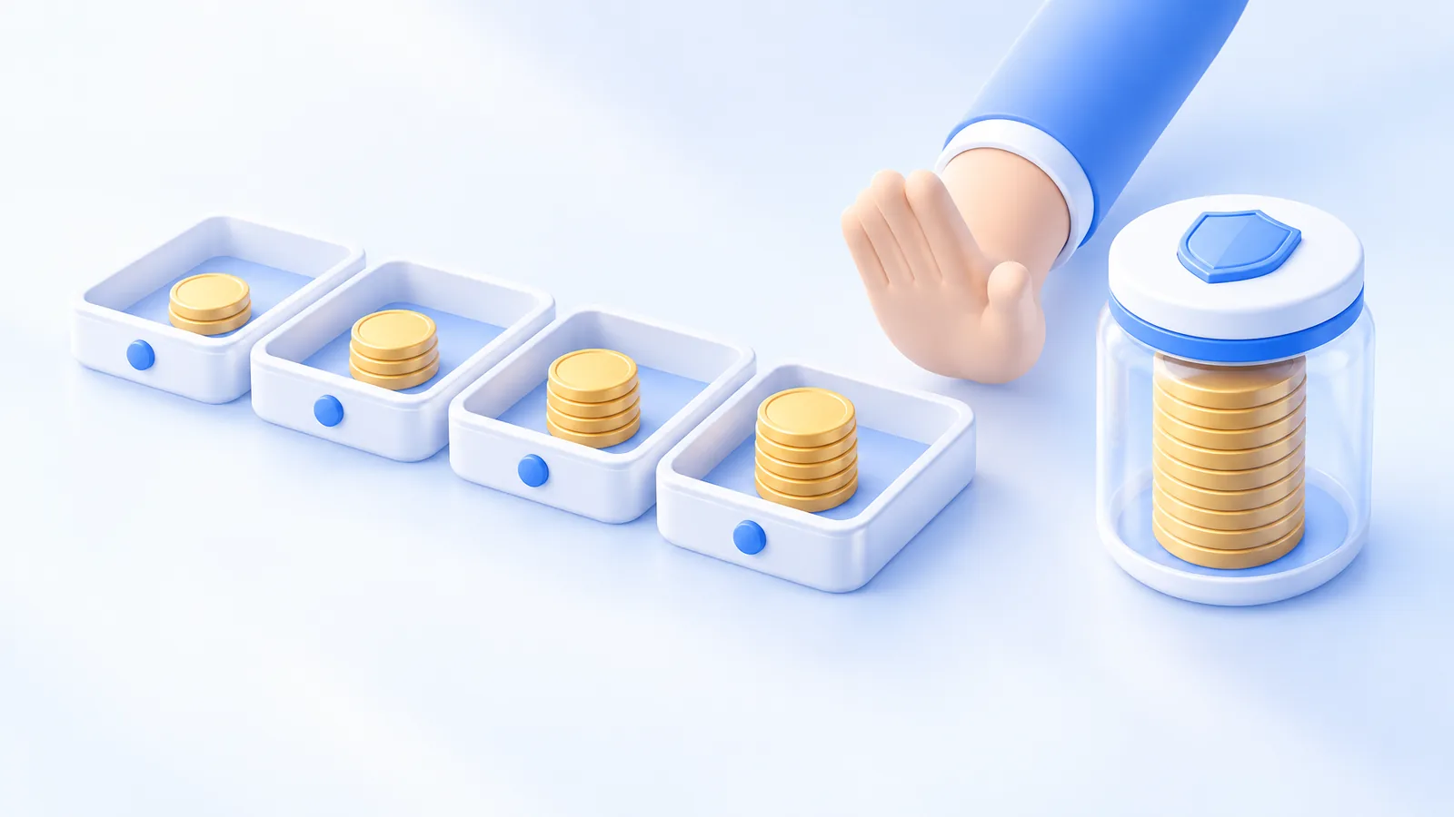 Coins are distributed into shallow trays beside a separate sealed jar.