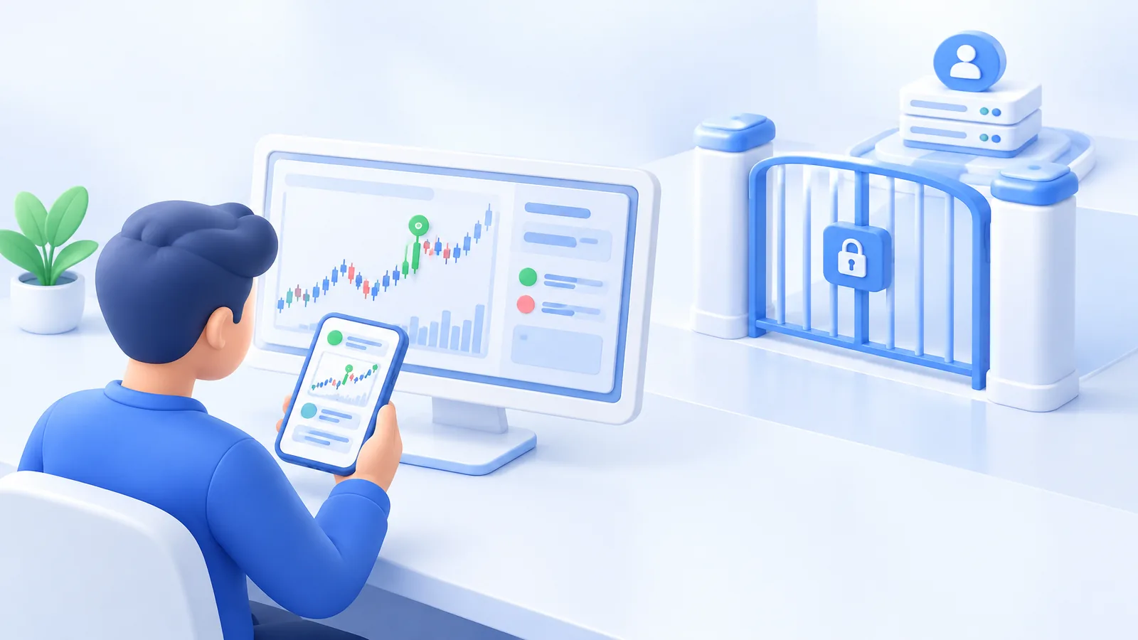 TradingView Telegram integration test with a chart event and matching phone signal beside a closed gate.